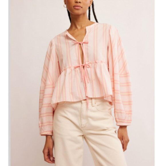 🎉LAST CHANCE🎉 FREE PEOPLE Brunch Babe Blouse / Pink & Yellow Combo - Picture 3 of 8